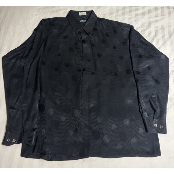 VINTAGE MENS GENELLI Black Tone On tone SILK SHIRT NEHRU COLLAR XL Circles - Picture 3 of 8